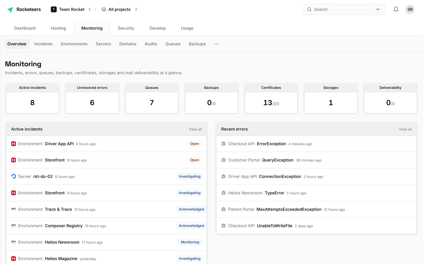 The Rocketeers monitoring overview with active incidents and health counters